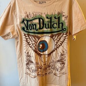 Von Dutch Beige Tee with Eye and Wing Design